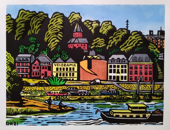 Zicht op Waalkade en Valkhofkapel (Nijmegenprent 2021), Diana Huijts, gemengde techniek, 40 x 50 cm