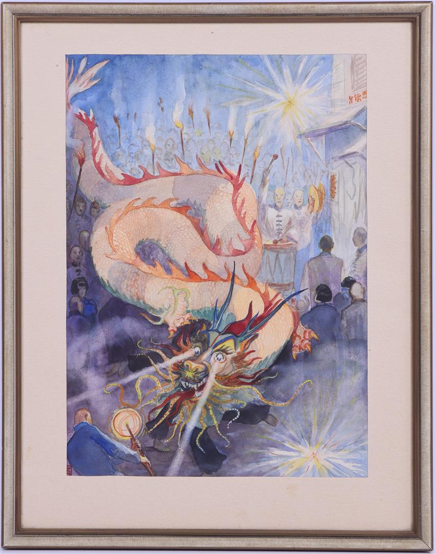 Aquarel van Henri H. L. Tieland, getiteld "Chineesche optocht in Hong Kong"