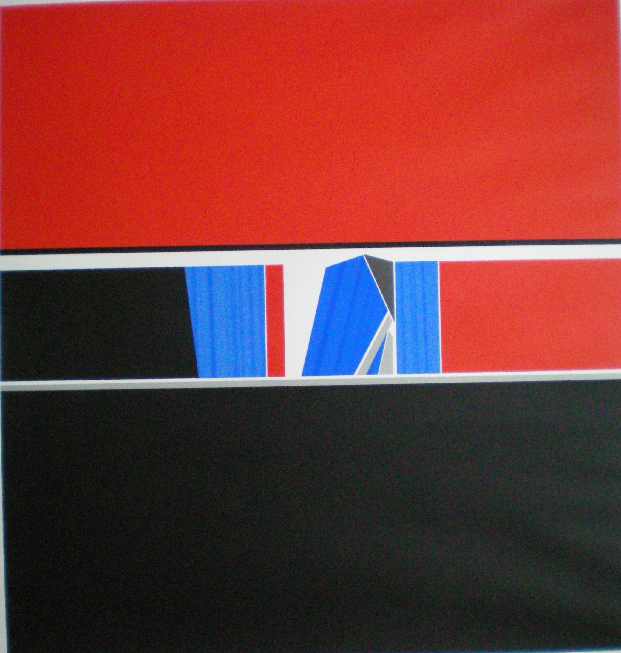 abstractie compositie in zwart, blauw, grijs, rood en wit, zeefdruk, Jean Baier (CH)